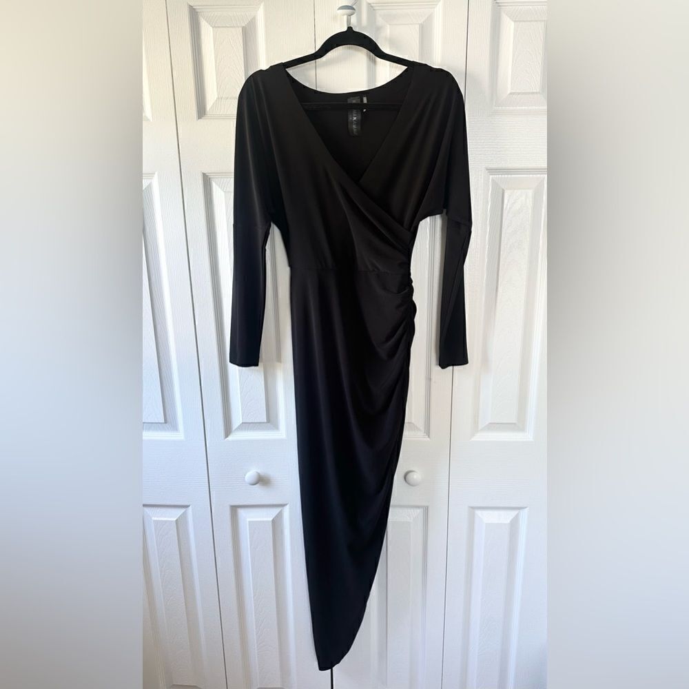NEW Norma Kamali Tara Black Long Sleeve Dress Deep V Ruched Midi Dress - Picture 7 of 10